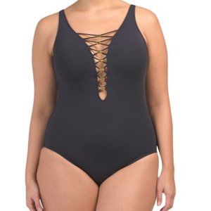 Bleu Rod Beattie NWT Plunging One Piece Swimsuit Black 20 V Neck